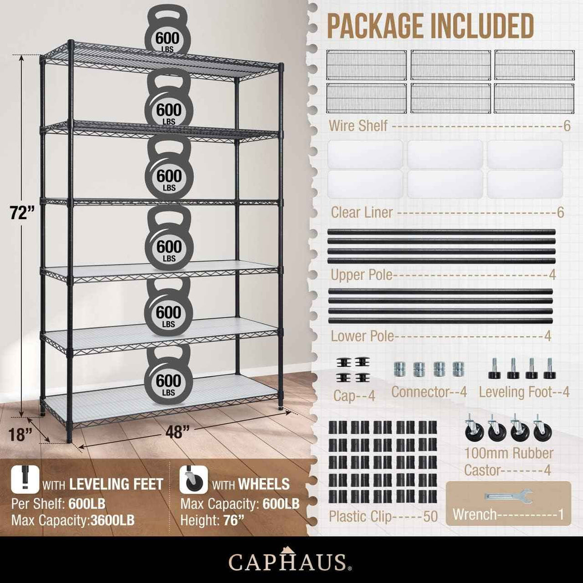 48 x 18 x 76 in. 6-Tier NSF Commercial Grade Heavy Duty Wire Shelving w/ Wheels and Clear Liners