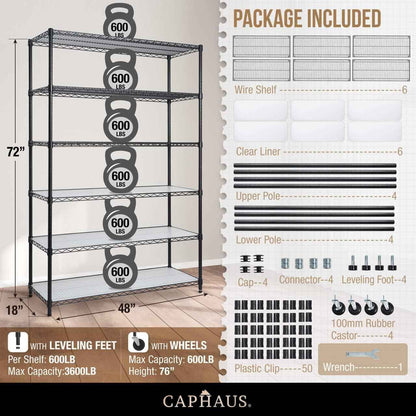 48 x 18 x 76 in. 6-Tier NSF Commercial Grade Heavy Duty Wire Shelving w/ Wheels and Clear Liners
