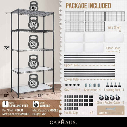 36 x 18 x 76 in. 5-Tier NSF Commercial Grade Heavy Duty Wire Shelving w/ Wheels and Clear Liners
