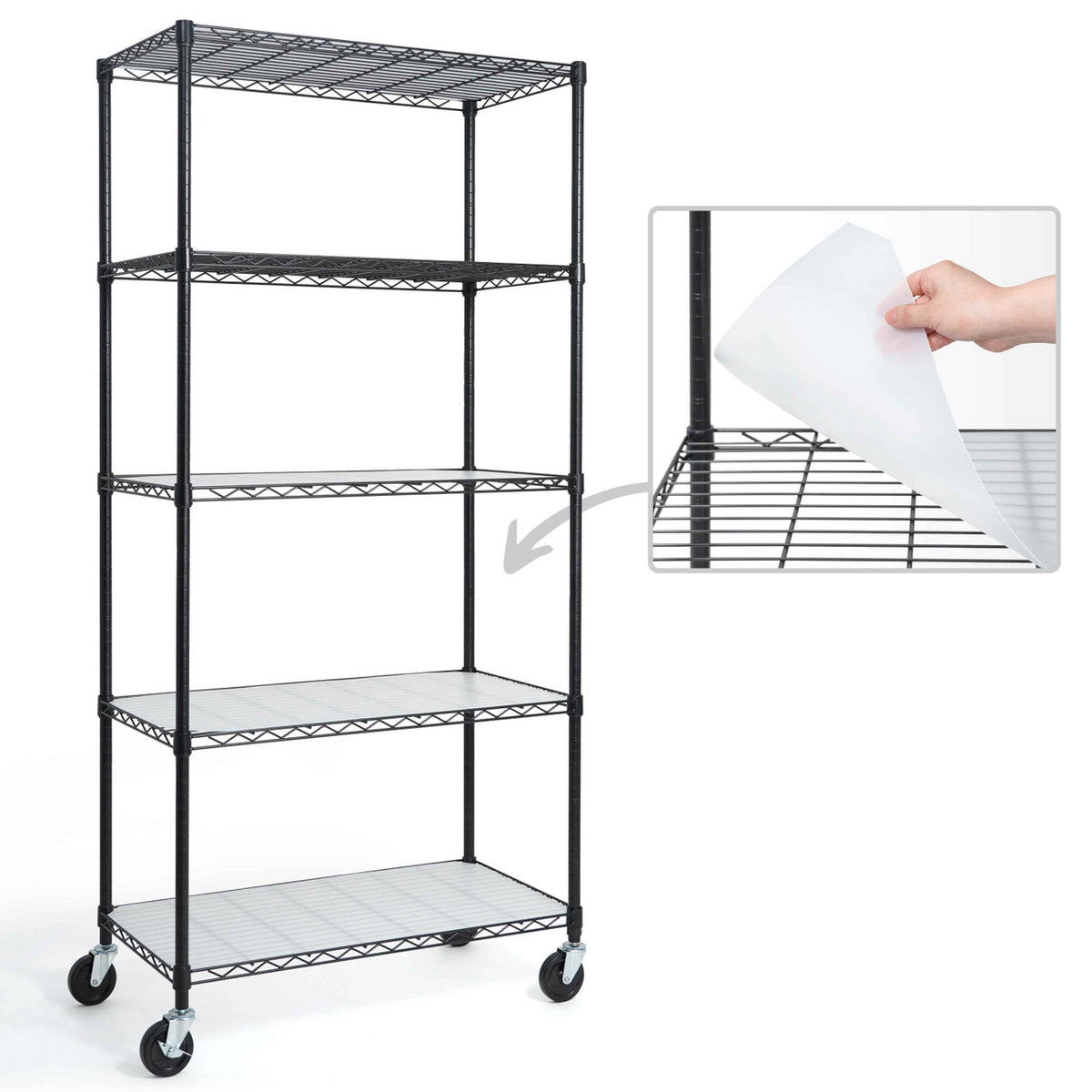 36 x 18 x 76 in. 5-Tier NSF Commercial Grade Heavy Duty Wire Shelving w/ Wheels and Clear Liners