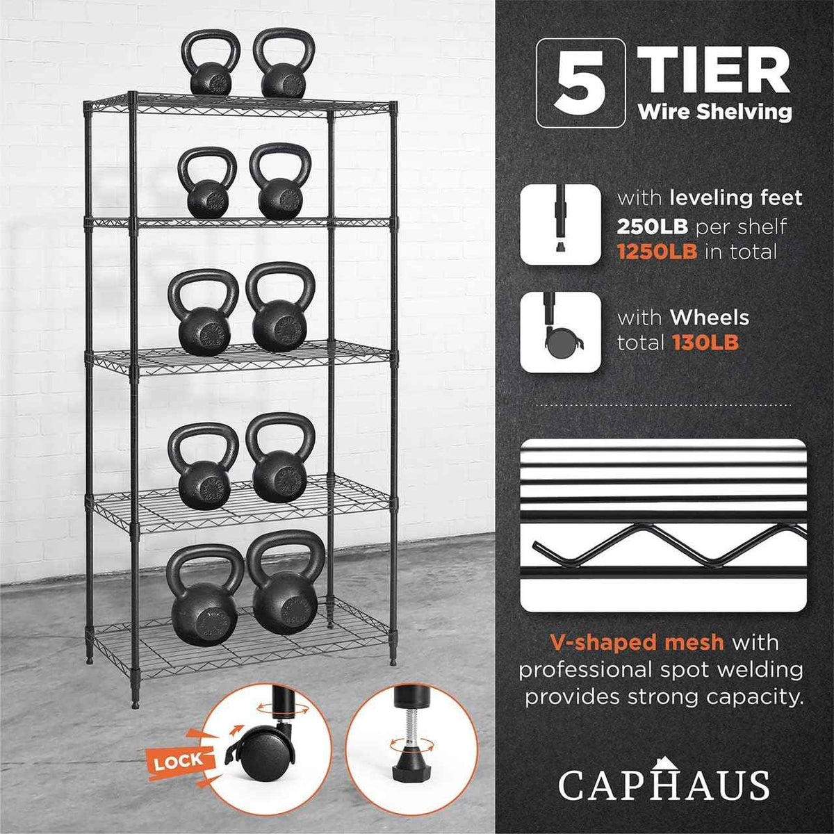 30 x 14 x 60 in. (62”H with wheels) 5-Tier Wire Shelving Unit, Adjustable Height Wire Rack Shelving, with Wheels, Black