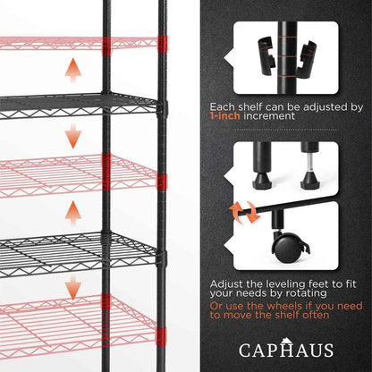 30 x 14 x 60 in. (62”H with wheels) 5-Tier Wire Shelving Unit, Adjustable Height Wire Rack Shelving, with Wheels, Black