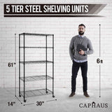30 x 14 x 60 in. (62”H with wheels) 5-Tier Wire Shelving Unit, Adjustable Height Wire Rack Shelving, with Wheels, Black