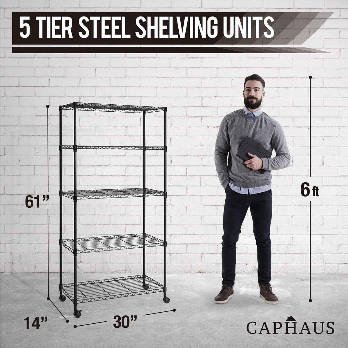 30 x 14 x 60 in. (62”H with wheels) 5-Tier Wire Shelving Unit, Adjustable Height Wire Rack Shelving, with Wheels, Black