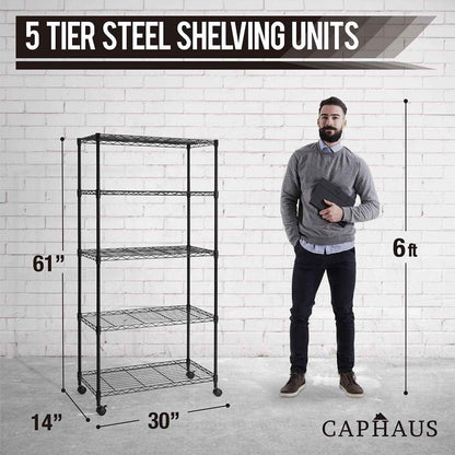 30 x 14 x 60 in. (62”H with wheels) 5-Tier Wire Shelving Unit, Adjustable Height Wire Rack Shelving, with Wheels, Black