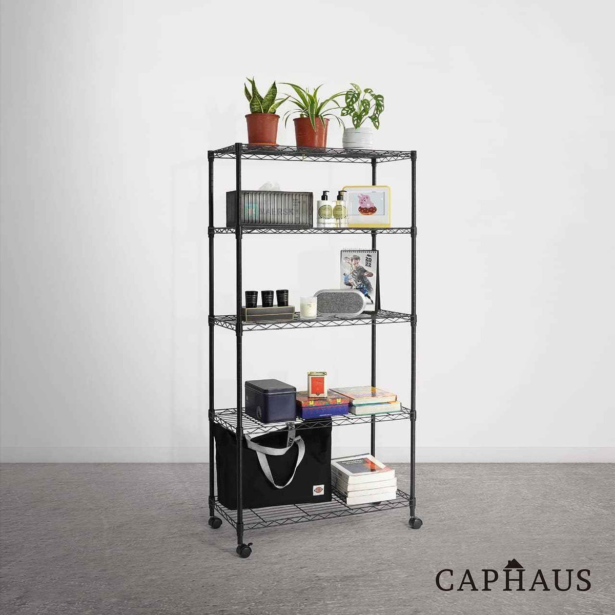 30 x 14 x 60 in. (62”H with wheels) 5-Tier Wire Shelving Unit, Adjustable Height Wire Rack Shelving, with Wheels, Black