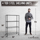 36 x 14 x 54 in. (56”H with wheels) 4-Tier Wire Shelving Unit, Adjustable Height Wire Rack Shelving, with Wheels, Black