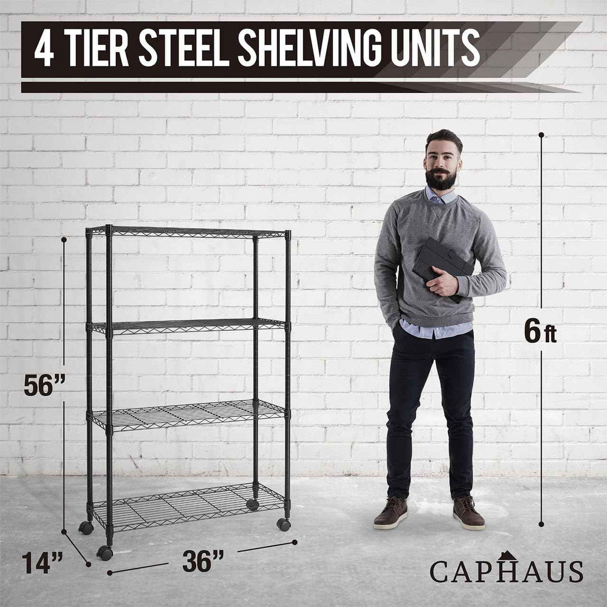 36 x 14 x 54 in. (56”H with wheels) 4-Tier Wire Shelving Unit, Adjustable Height Wire Rack Shelving, with Wheels, Black