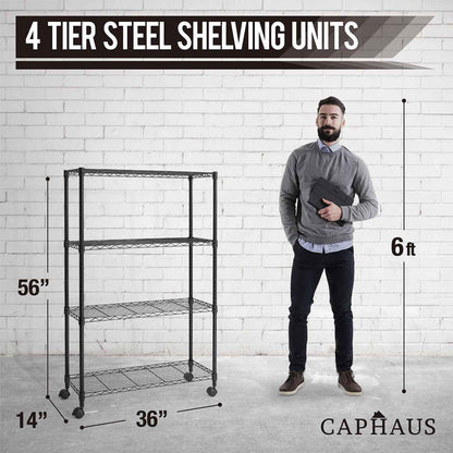 36 x 14 x 54 in. (56”H with wheels) 4-Tier Wire Shelving Unit, Adjustable Height Wire Rack Shelving, with Wheels, Black