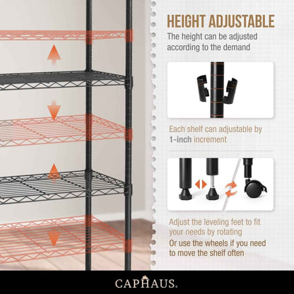5-Tier w/Wheel NSF Adjustable Shelves Wire Shelving Unit w/Liner, Black