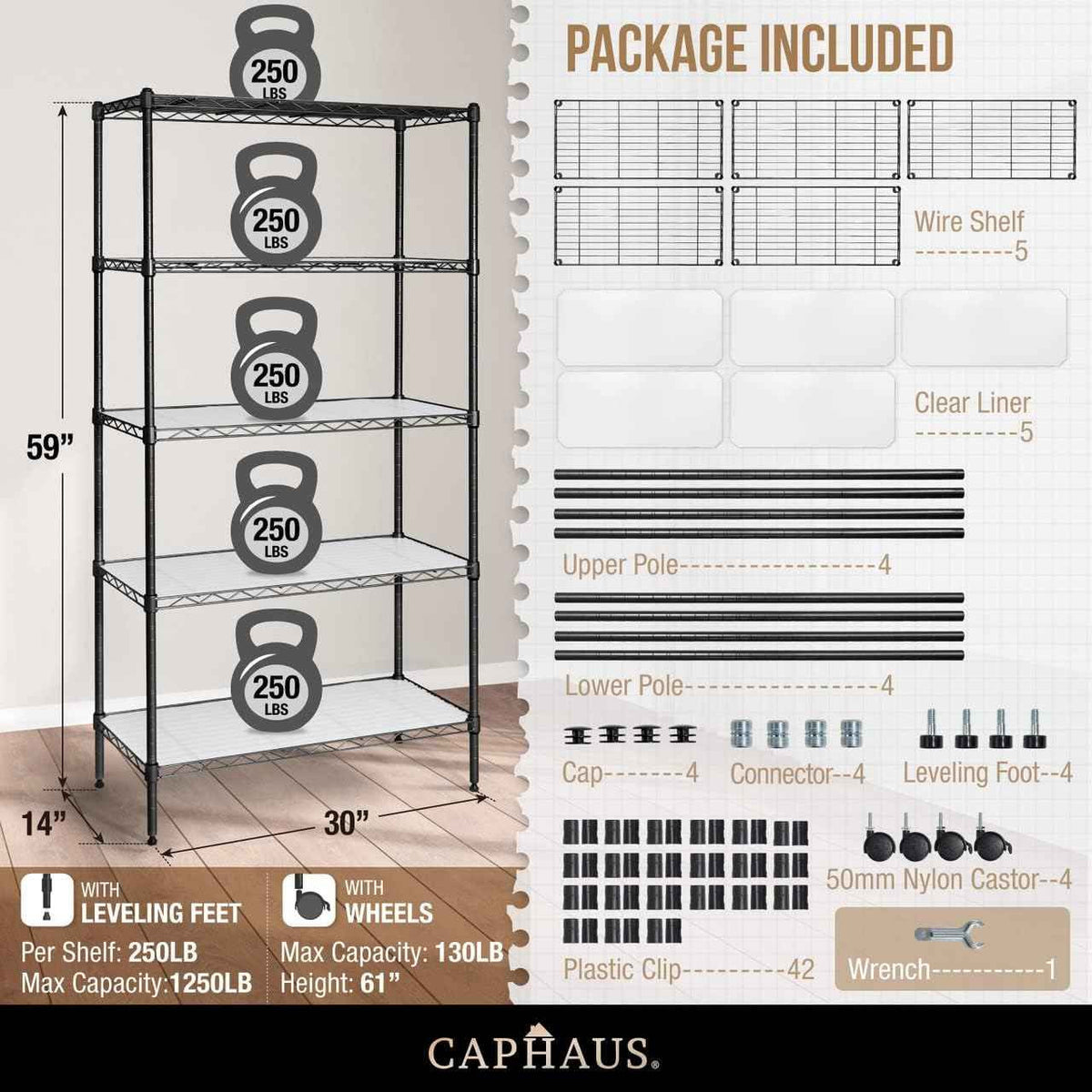 5-Tier w/Wheel NSF Adjustable Shelves Wire Shelving Unit w/Liner, Black