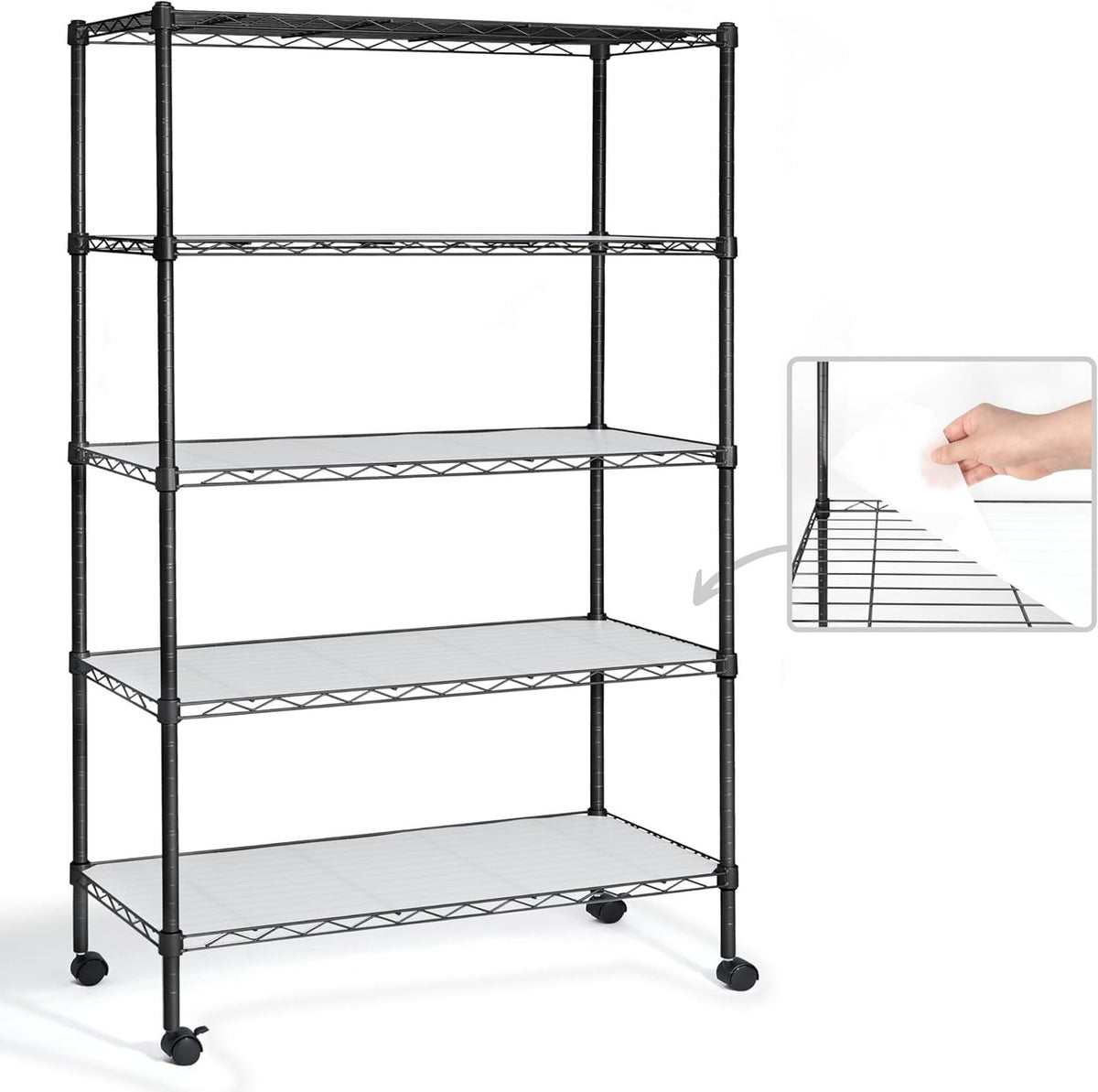 5-Tier w/Wheel NSF Adjustable Shelves Wire Shelving Unit w/Liner, Black