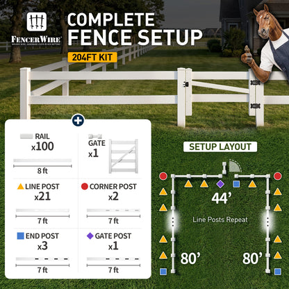 4-Rail Vinyl Ranch Fence Kit with 5ft H x 4ft W Gate, 7ft Posts & 8ft Rails, Multiple Options