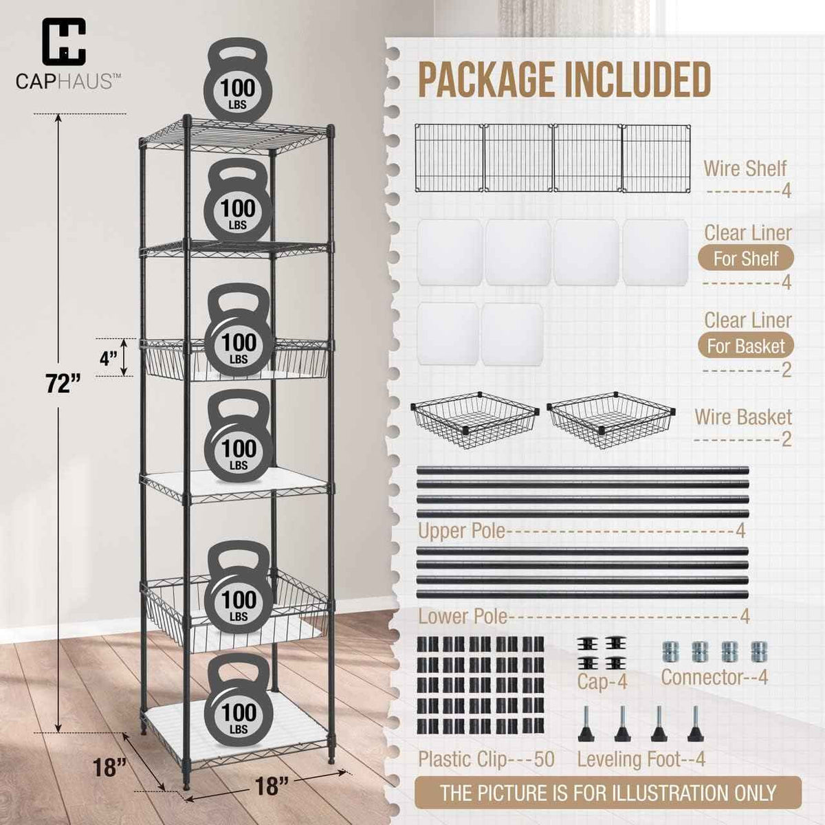 6 Tier NSF Wire Shelving Basket Shelves, Storage Rack Corner Shelves, Black
