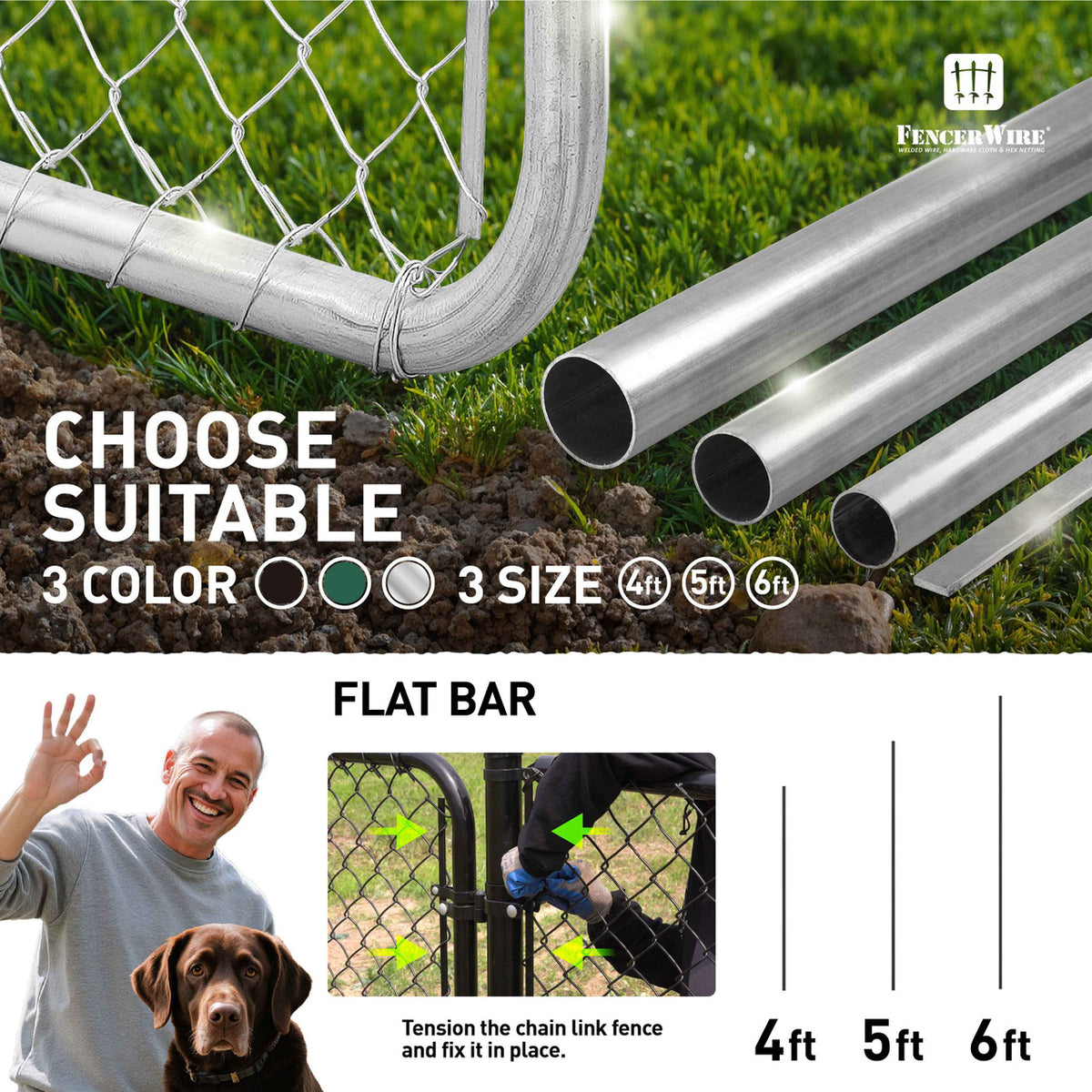 4/5/6 FT Silver Galvanized Tension Bar, 48/60/72 Inch Flat Bar for 4'/5'/6' Chain Link Fence Parts, Multi-options
