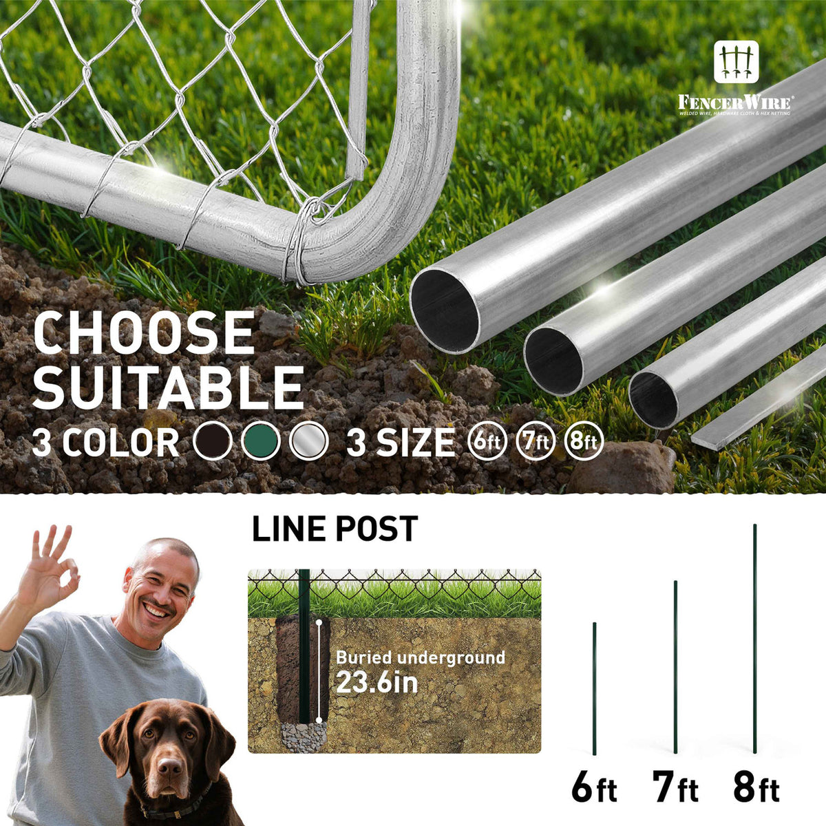 6/7/8 FT Green Chain Link Fence Line Round Post, Line Post with 1-7/8” Outside Diameter, Multi-options