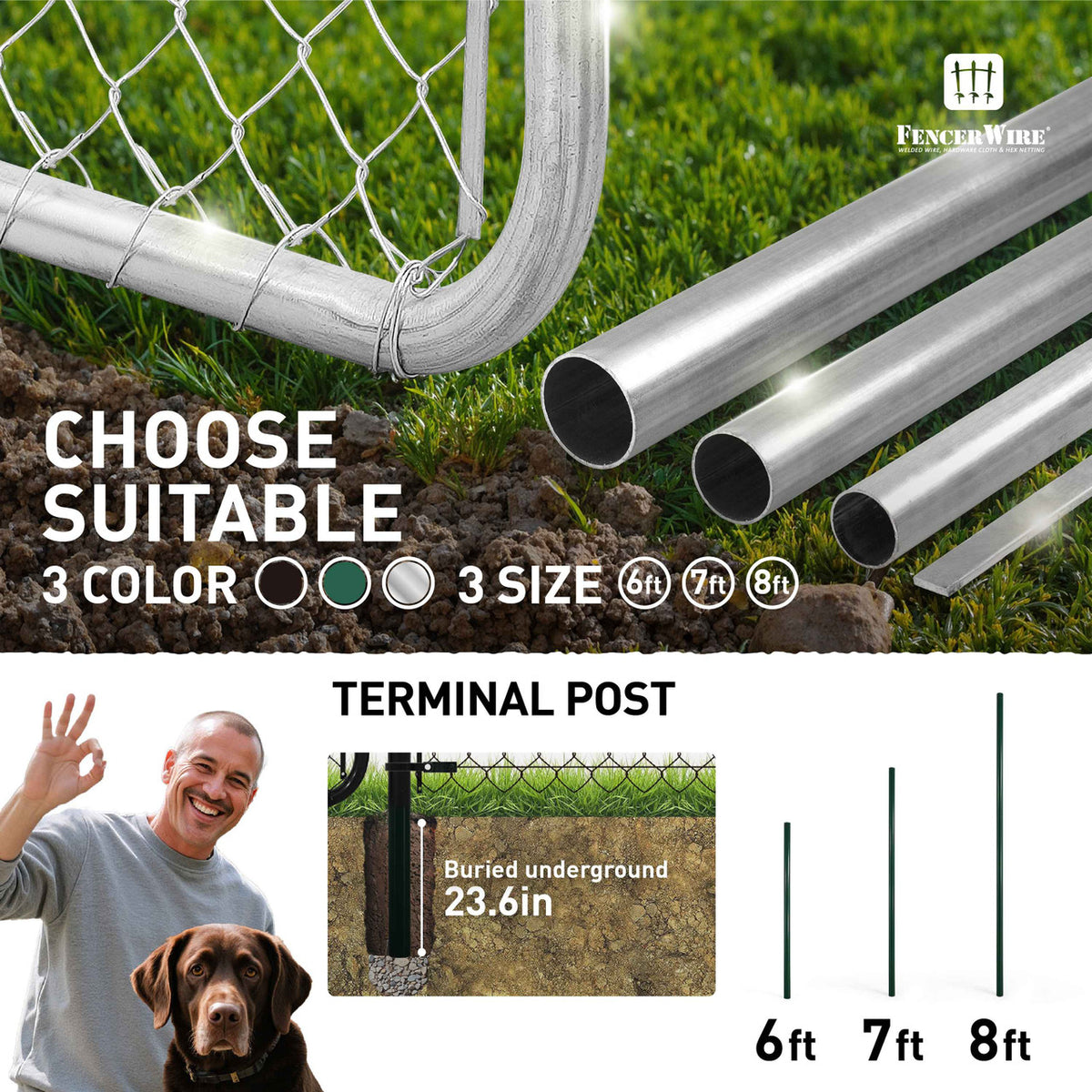 6/7/8 FT Green Chain Link Fence Terminal Post, Terminal Post with 2-3/8” Outside Diameter, Multi-options