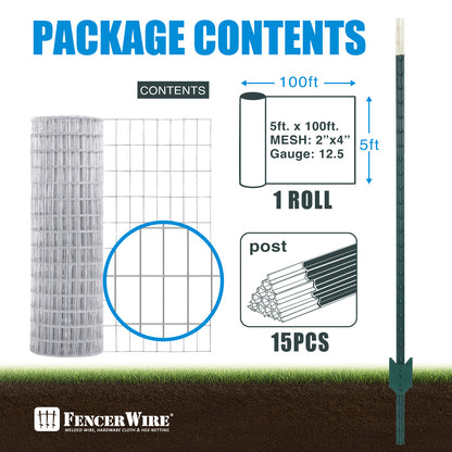 12.5-Gauge 5 ft. x 100 ft. Galvanized Welded Fence Wire Roll with 15 pcs 7 ft T-Posts, Farm & Garden Fencing Kit