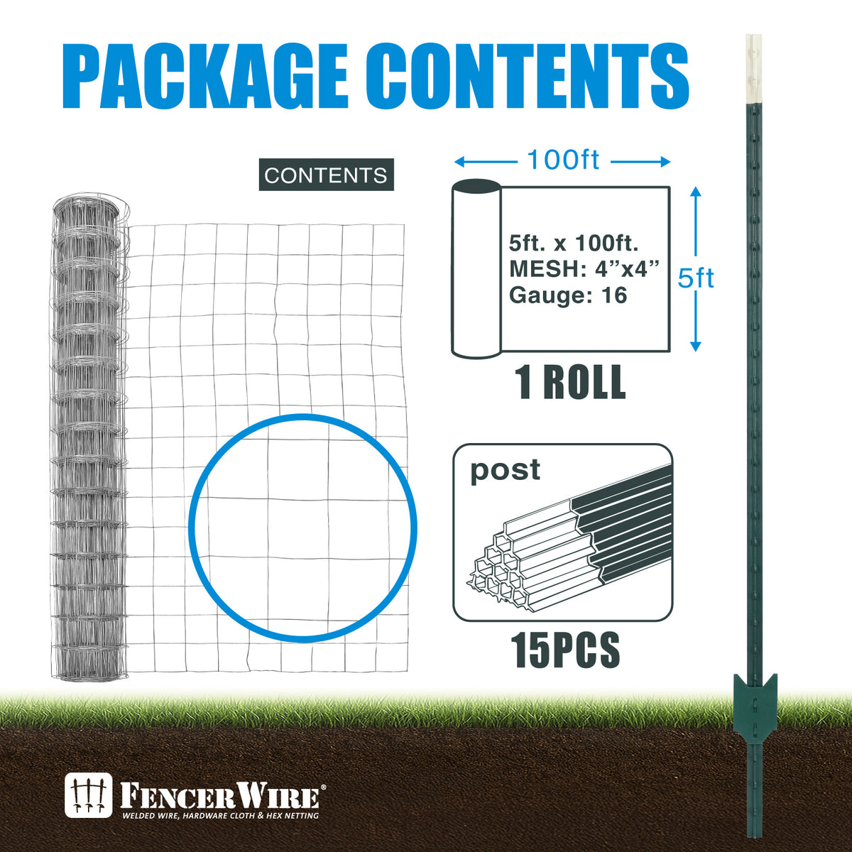 16-Gauge 5 ft. x 100 ft. Galvanized Welded Fence Wire Roll with 15 pcs 7 ft T-Posts, Farm & Garden Fencing Kit