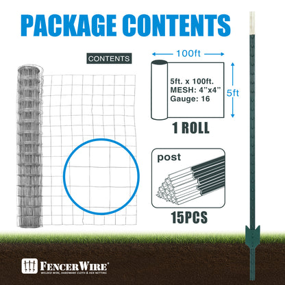 16-Gauge 5 ft. x 100 ft. Galvanized Welded Fence Wire Roll with 15 pcs 7 ft T-Posts, Farm & Garden Fencing Kit