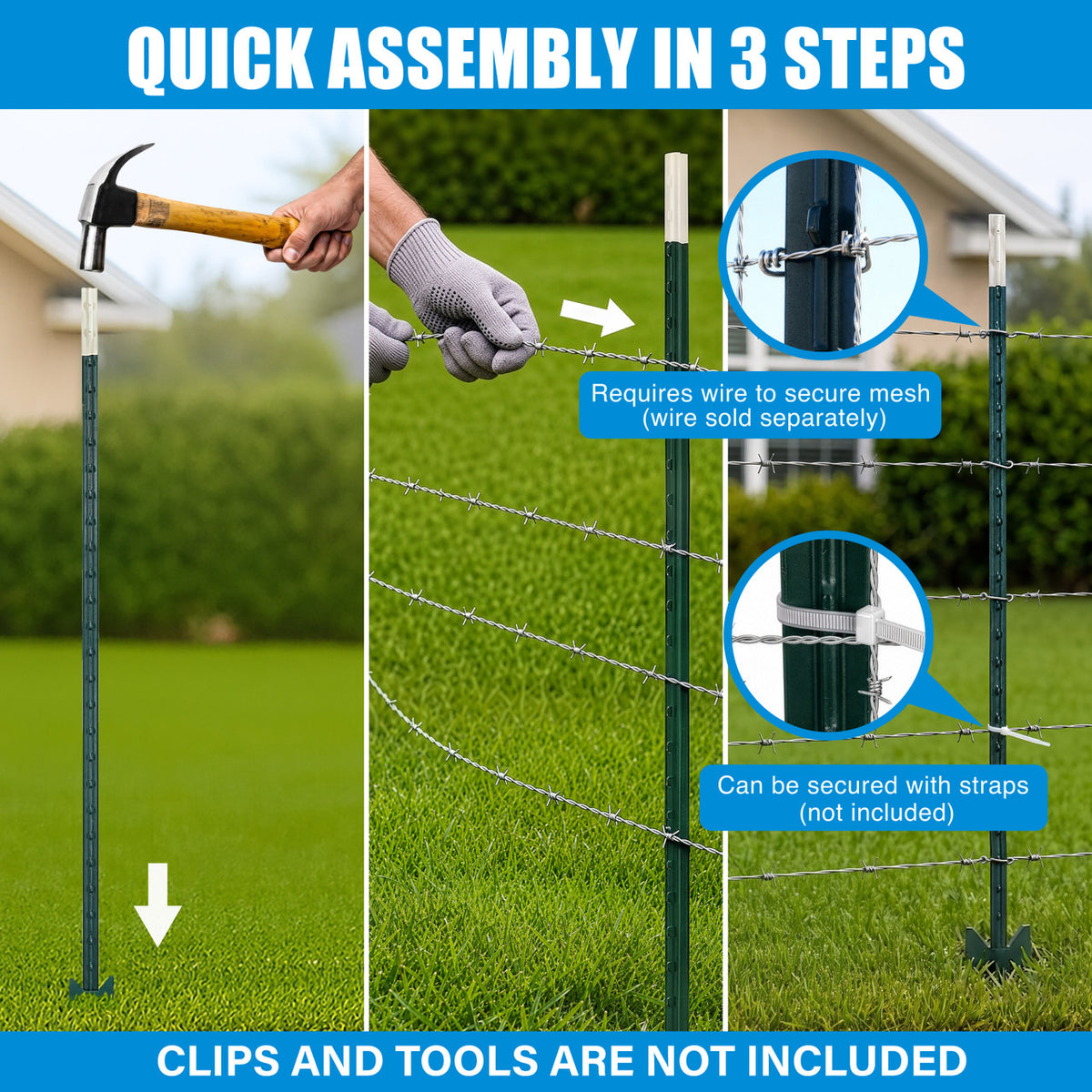 15-Gauge 500 FT Galvanized 4-Point Barbed Wire with 15 pcs 7 ft T-Posts and Gloves