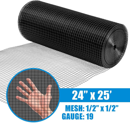 19 Gauge Black Vinyl Coated Welded Fence Wire Rolls, Mesh 1/2" X 1/2", Versatile Garden Wire Fencing, Multiple Size Options