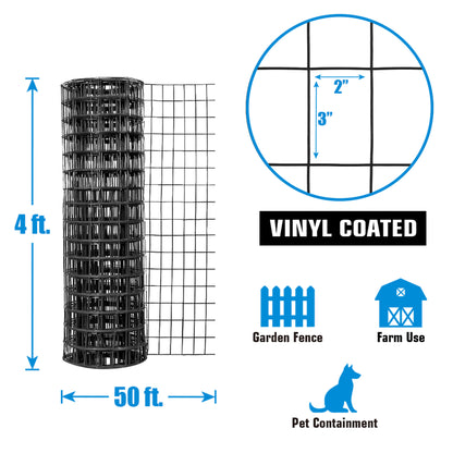 16 Gauge Black Vinyl Coated Welded Wire Mesh Size 2 inch by 3 inch, Multiple Size Options