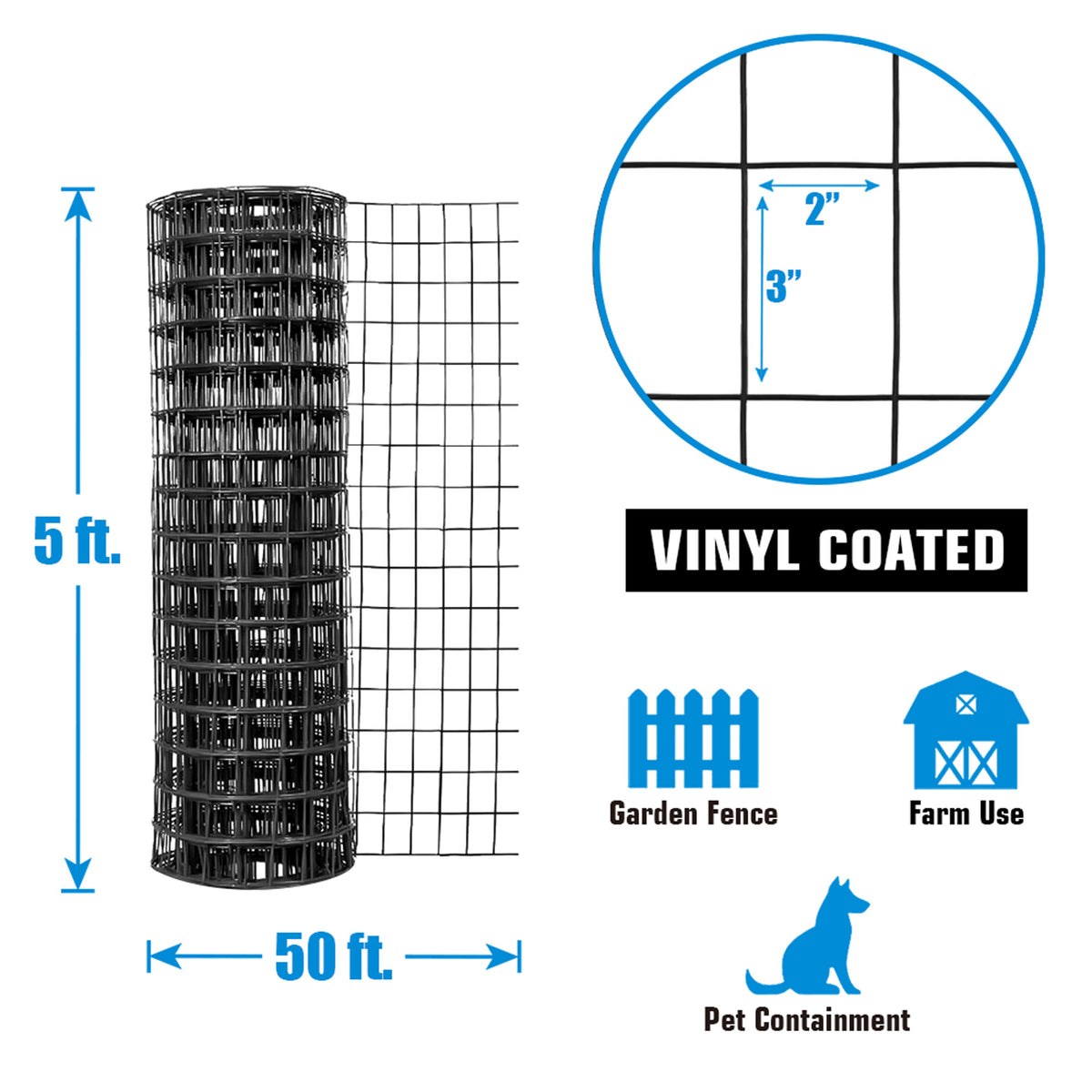 16 Gauge Black Vinyl Coated Welded Wire Mesh Size 2 inch by 3 inch, Multiple Size Options