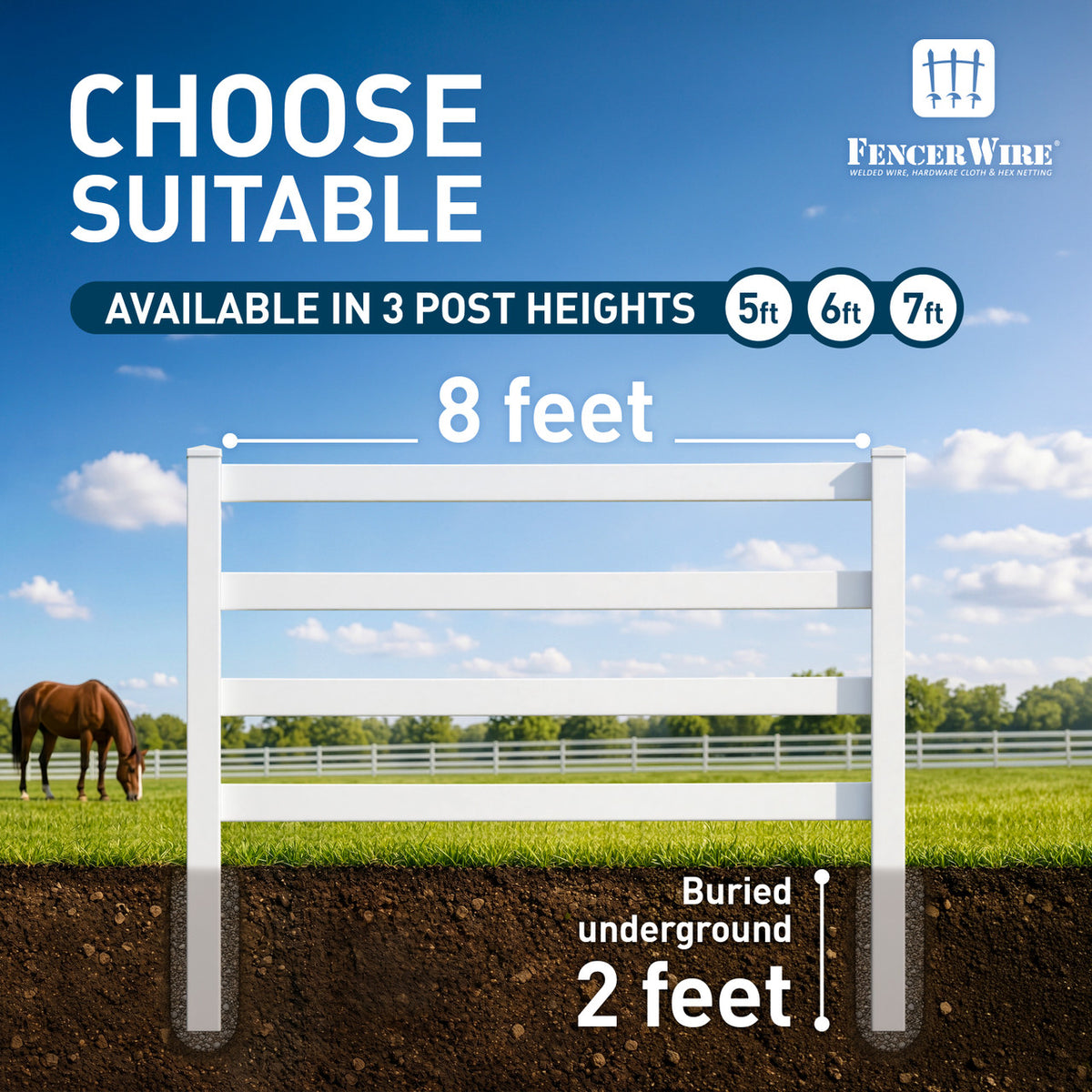 4-Rail Vinyl Ranch Fence Kit with 5ft H x 4ft W Gate, 7ft Posts & 8ft Rails, Multiple Options