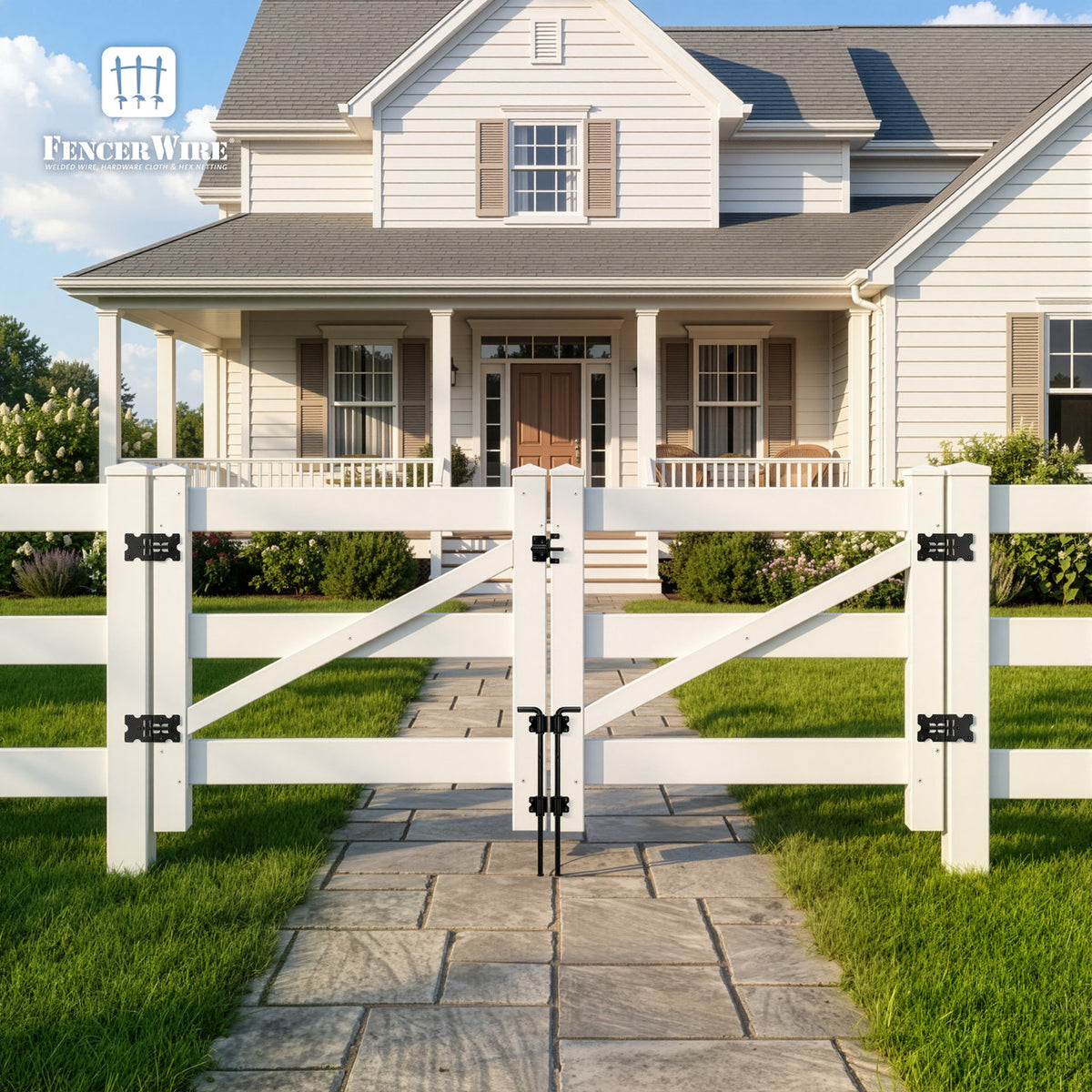 Vinyl Ranch Double Gate Kit with Gate Posts, Hinges, Latch, Hardware & Drop Rods, Multiple Options