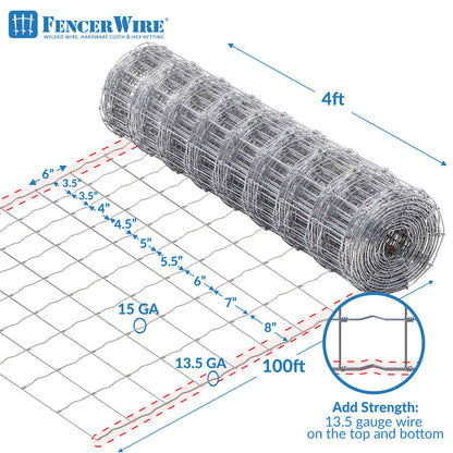 Cattle Panel, Hog Panel, Farm Fence, Galvanized Welded Wire Fence Roll, 15/13.5 Gauge, Graduated Mesh, Animal Barrier for Cattle, Deer, Goats, Multiple Size Options