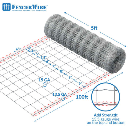 Cattle Panel, Hog Panel, Farm Fence, Galvanized Welded Wire Fence Roll, 15/13.5 Gauge, Graduated Mesh, Animal Barrier for Cattle, Deer, Goats, Multiple Size Options