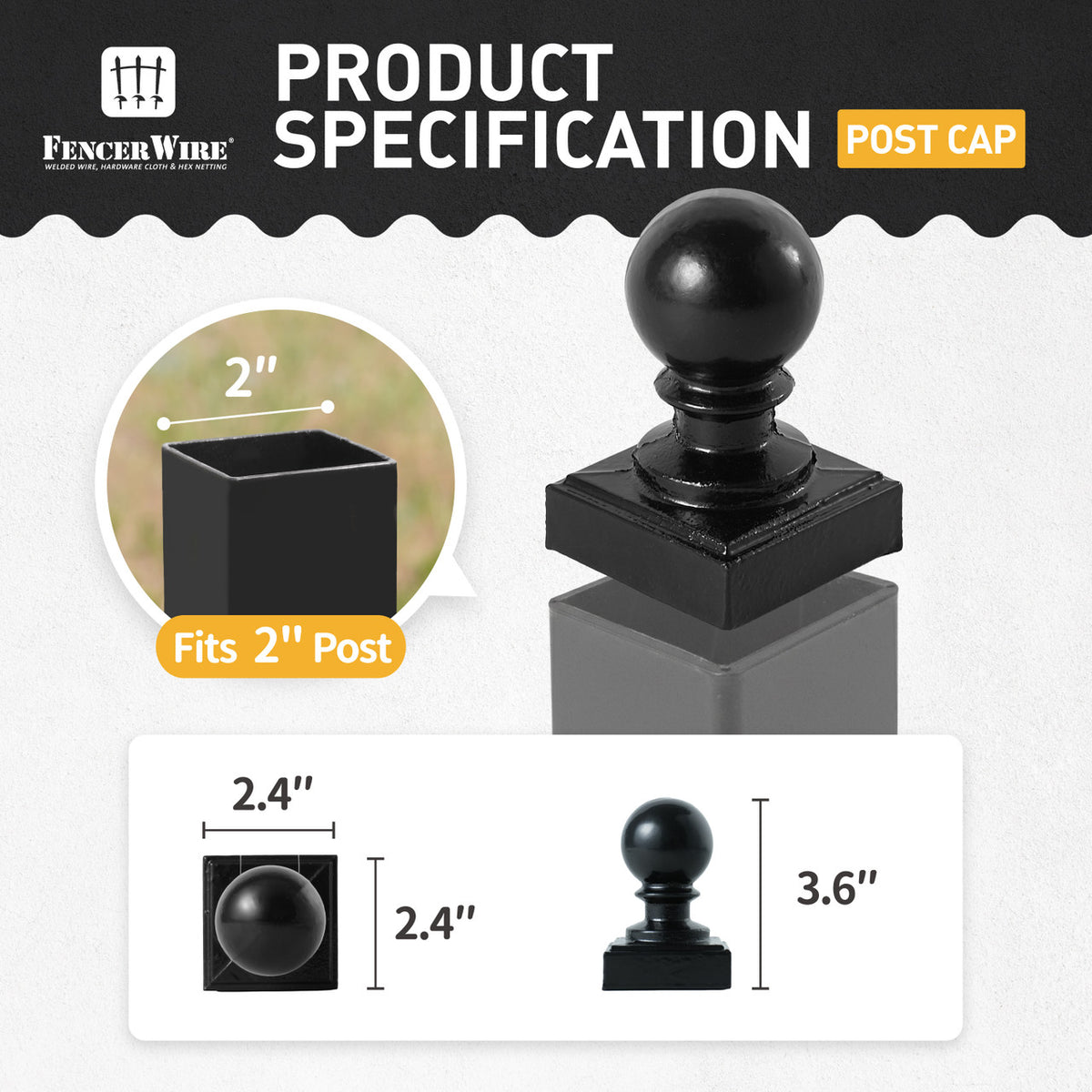 Heavy Duty Metal Fence Ball Top Post Cap for 2" x 2" Square Posts, Multiple Options