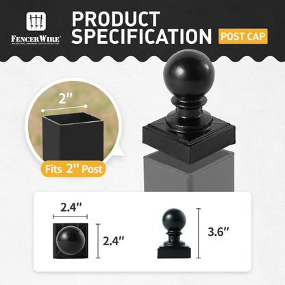 Heavy Duty Metal Fence Ball Top Post Cap for 2" x 2" Square Posts, Multiple Options